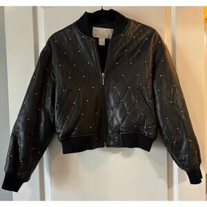 Vintage The Limited Black Leather Bomber Jacket Studs Quilted Fully Lined Size S